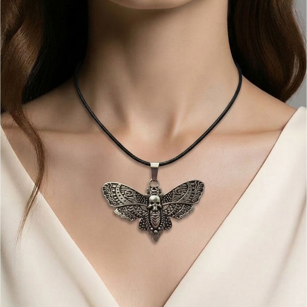 Death Moth Skull Cord Necklace Gothic Engraved Antique Silver Pendant New